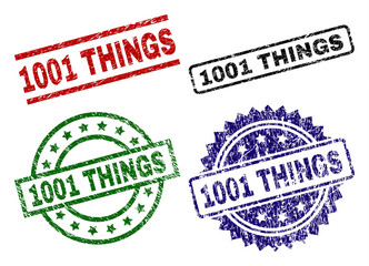1001 THINGS seal imprints with distress texture. Black, green,red,blue vector rubber prints of 1001 THINGS tag with scratched texture. Rubber seals with circle, rectangle, medallion shapes.