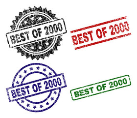 BEST OF 2000 seal prints with corroded texture. Black, green,red,blue vector rubber prints of BEST OF 2000 text with grunge texture. Rubber seals with circle, rectangle, medallion shapes.