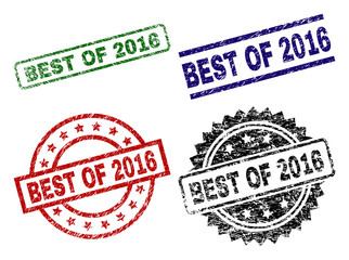 BEST OF 2016 seal stamps with corroded texture. Black, green,red,blue vector rubber prints of BEST OF 2016 title with scratched texture. Rubber seals with round, rectangle, medallion shapes.