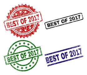 BEST OF 2017 seal prints with corroded texture. Black, green,red,blue vector rubber prints of BEST OF 2017 label with dirty texture. Rubber seals with circle, rectangle, medallion shapes.