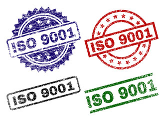 ISO 9001 seal prints with corroded texture. Black, green,red,blue vector rubber prints of ISO 9001 caption with corroded texture. Rubber seals with circle, rectangle, medal shapes. - obrazy, fototapety, plakaty