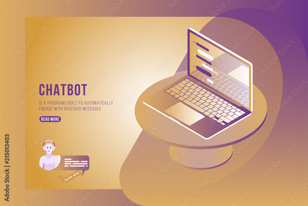 Poster chatbot isometric concept with new messages and pop-up chatting on the laptop. flat 3d isometric ill