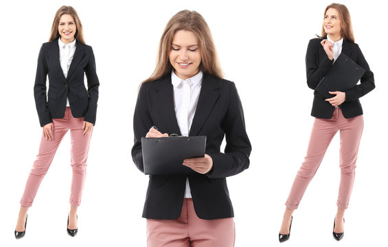 Set With Young Woman In Stylish Suit On White Background