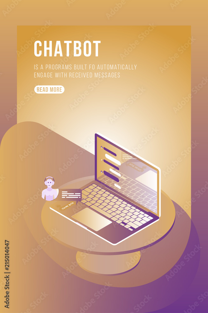 Poster chatbot isometric concept with new messages and pop-up chatting on the laptop. flat 3d isometric ill