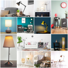 Collection of different room interiors with modern furniture and lamps