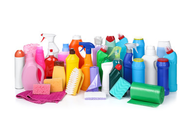 Different cleaning supplies on white background