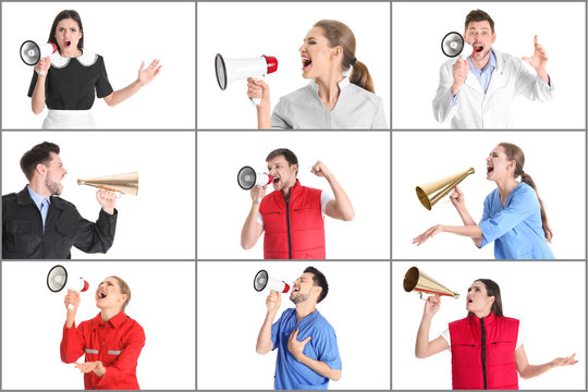 People of different professions with megaphones on white background