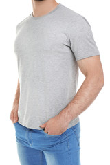 Young man in t-shirt on white background. Mockup for design