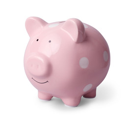 Pink piggy bank on gray background. Money saving
