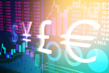 Stock exchange graphs and rates with currency symbols on color background. Financial trading concept