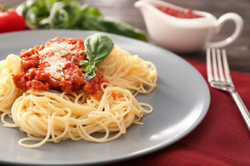 Delicious pasta with meat sauce on plate