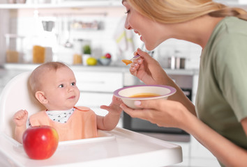 Obraz na płótnie Canvas Woman feeding her child in highchair indoors. Healthy baby food
