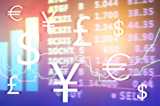 Stock exchange graphs and rates with currency symbols on color background. Financial trading concept