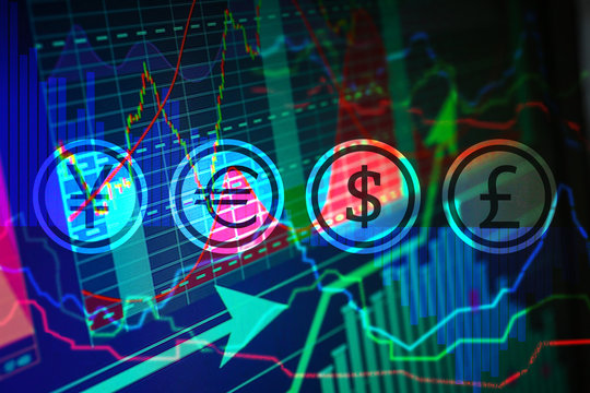 Stock exchange graphs with currency symbols on color background. Financial trading concept