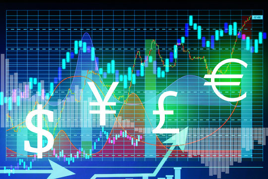 Stock exchange graphs with currency symbols on color background. Financial trading concept