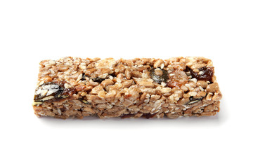 Grain cereal bar on white background. Healthy snack