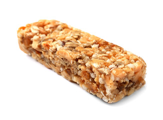 Grain cereal bar on white background. Healthy snack