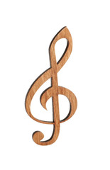 Wooden treble clef on white background. Christmas music concept