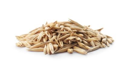 Raw oats on white background. Healthy grains and cereals