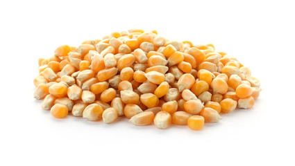 Raw corn kernels on white background. Healthy grains and cereals