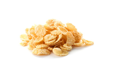 Corn flakes on white background. Healthy grains and cereals