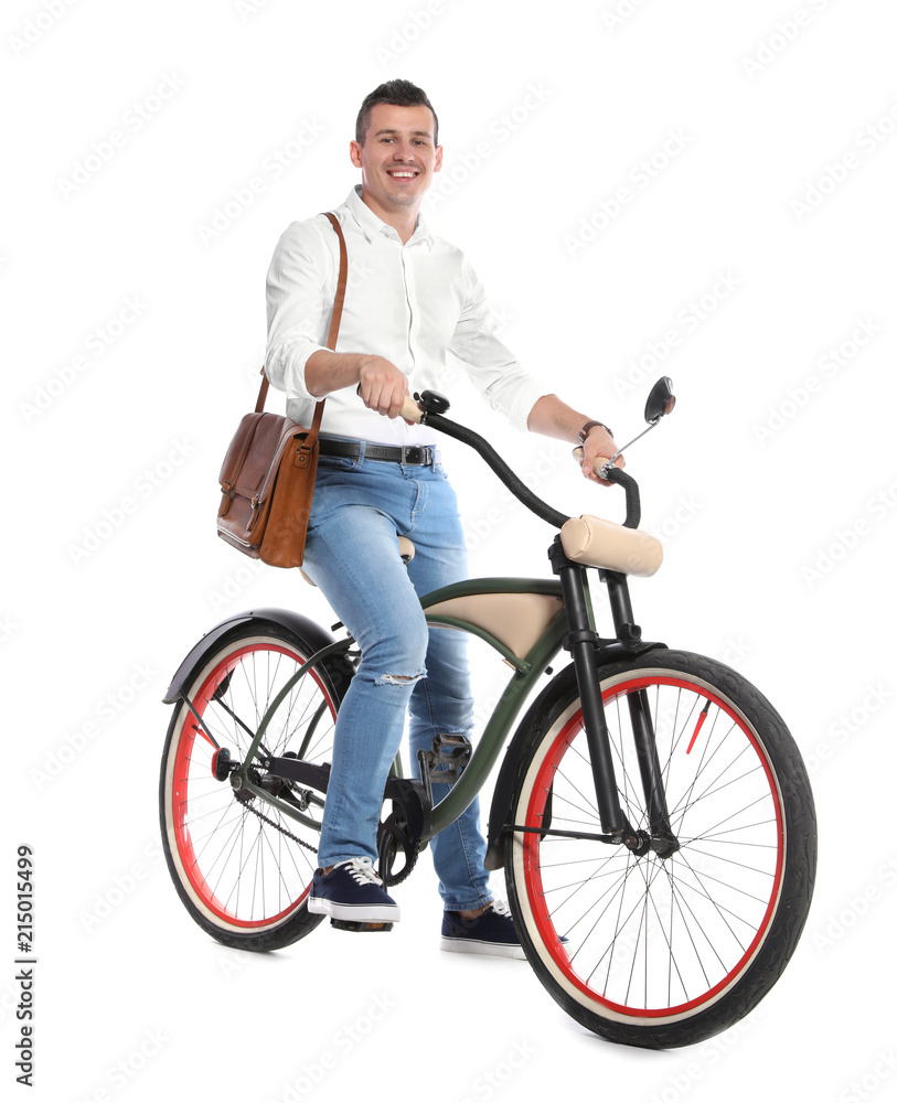 Sticker Portrait of handsome man with bicycle on white background