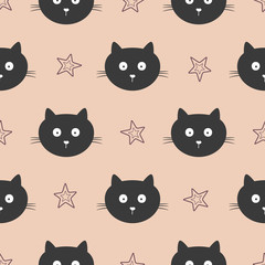 Repeated faces of funny cats and outlines of stars. Cute seamless pattern for children. Endless cartoon print.