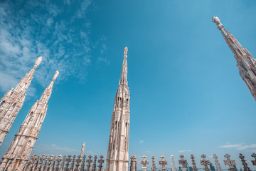 Fototapeta premium view of Gothic architecture and art on the roof of Milan Cathedral (Duomo di Milano), Italy