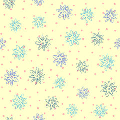 Repeated outline of abstract flowers on background with round dots. Floral seamless pattern for children. Sketch, doodle.