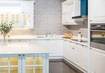 New modern, bright, clean, kitchen interior with stainless steel appliances in a luxury house