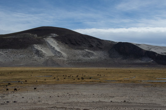 Fototapeta mountains of black color in Bolivia with parts covered by white sand