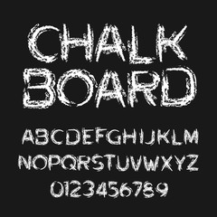 Chalk board alphabet font. Hand drawn messy letters and numbers. Stock vector typography.