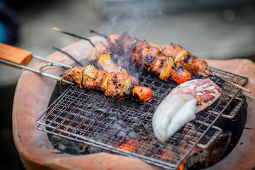 Assorted delicious barbecue with meat and vegetable on the stove.
