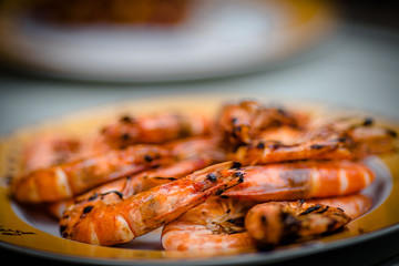 Grilled tiger shrimps with spice. Grilled seafood.