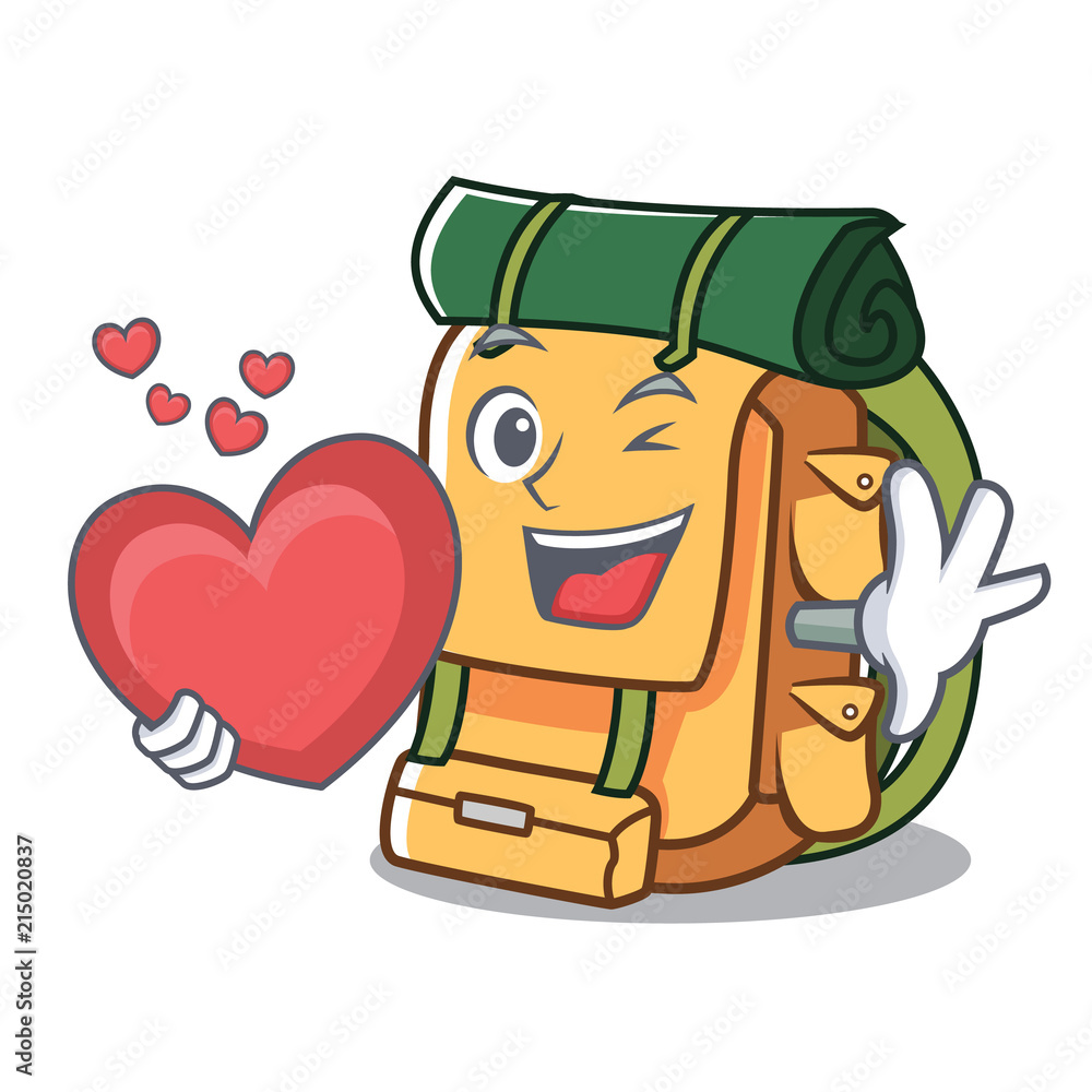 Poster with heart backpack mascot cartoon style