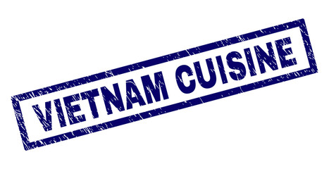 Rectangle VIETNAM CUISINE seal print with distress texture. Rubber seal imitation has rectangle frame. Blue vector rubber print of VIETNAM CUISINE caption with dirty texture.