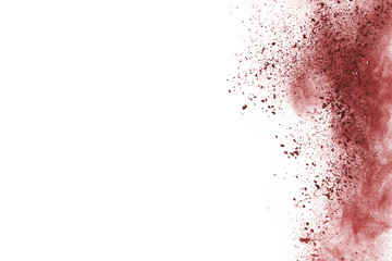Freeze motion of red powder exploding, isolated on white background. Abstract design of red dust cloud. Particles explosion screen saver, wallpaper