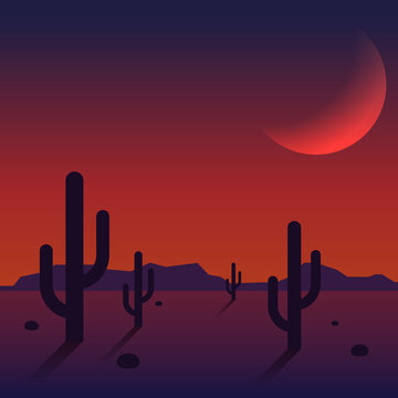 Desert landscape sunset with mountain range and cactus background
