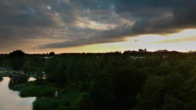 The Netherlands – Aerial drone view over Gaasperplas, Amsterdam South East with sunset sky