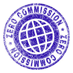 ZERO COMMISSION stamp print with grunge effect. Blue vector rubber seal print of ZERO COMMISSION tag with scratched texture. Seal has words placed by circle and planet symbol.