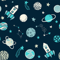 Kinderachtig naadloos patroon. handgetekende ruimte-elementen ruimte, raket, ster, planeet, ruimtesonde. Trendy kinderen vectorillustratie voor verpakking, poster, webdesign, kids stof, textiel, kinderkamer.