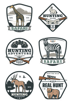 Hunting sport retro badges, safari and hunter club