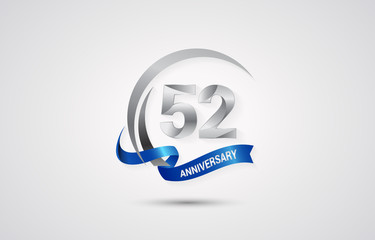 52 Years Anniversary Celebration Logotype. Silver Elegant Vector Illustration  with Swoosh,  Isolated on white Background can be use for Celebration, Invitation, and Greeting card