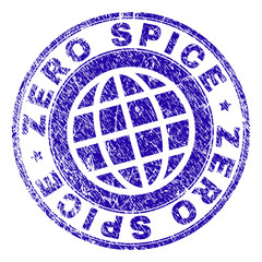 ZERO SPICE stamp print with grunge texture. Blue vector rubber seal print of ZERO SPICE tag with corroded texture. Seal has words placed by circle and globe symbol.