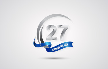 27 Years Anniversary Celebration Logotype. Silver Elegant Vector Illustration  with Swoosh,  Isolated on white Background can be use for Celebration, Invitation, and Greeting card