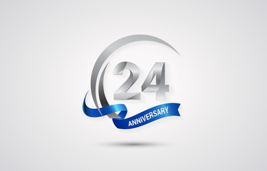 24 Years Anniversary Celebration Logotype. Silver Elegant Vector Illustration  with Swoosh,  Isolated on white Background can be use for Celebration, Invitation, and Greeting card