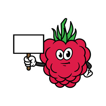 Cartoon Raspberry Character With Blank Sign