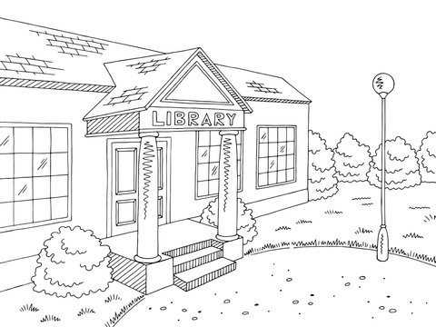 Library building exterior graphic black white sketch illustration vector