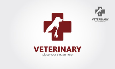 Veterinary Vector Logo Template. Isolated red veterinary cross and pets on white background.