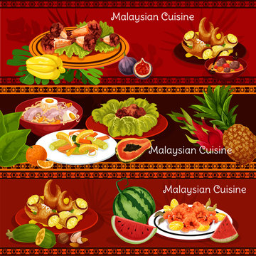 Malaysian cuisine banners with dinner dishes